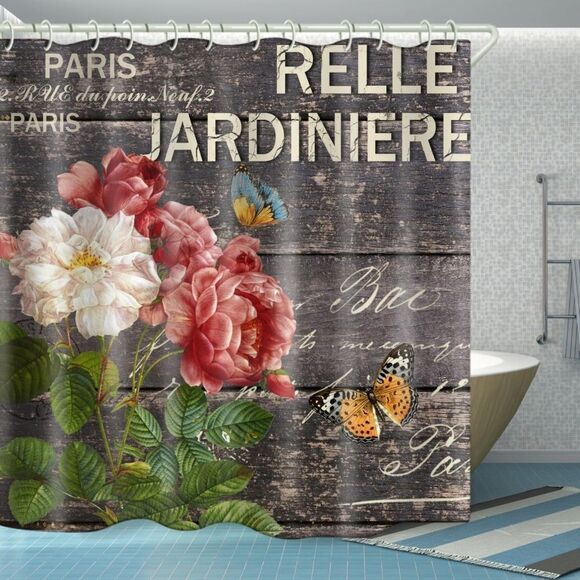 Vintage Wood Grain Peony Beautiful Wide Fabric Toilet Curtain For Bathtub 72x 72 - Picture 1 of 1